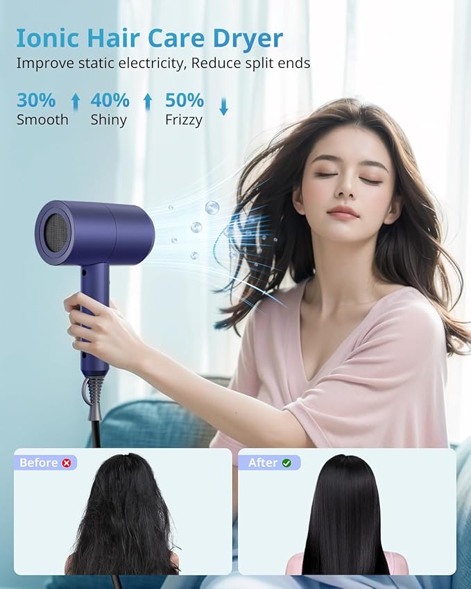 SHRATE Lightweight Ionic Hair Dryer with Diffuser - Powerful 1800W Blow Dryer for Fast Drying - Professional Low Noise Mini Hair Dryer for Travel, Gifts, Hair Styling