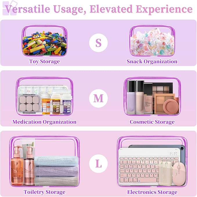 TISRATOK 12 PCS Clear Makeup Bag for Women with Zipper, TSA Approved Toiletry Pouch, Cosmetic Bag Bulk for Travel Organizer Essentials - Purple, Large