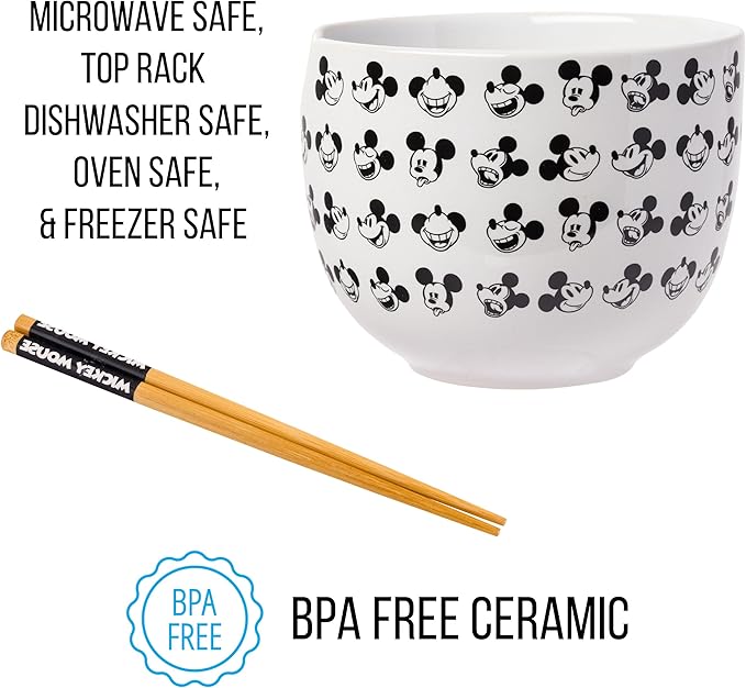 Silver Buffalo Disney Mickey Mouse Expressions Ceramic Ramen Noodle Rice Bowl with Chopsticks, Microwave Safe, 20 Ounces