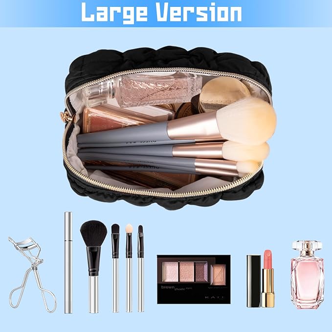 Initial Checkered Makeup Bag, Large Quilted Cosmetic Bag, Cute Make up Pouch for Purse, Travel Toiletry Storage Bag for Women Preppy Teen Girls Gift Trendy Stuff Gift (Black E)