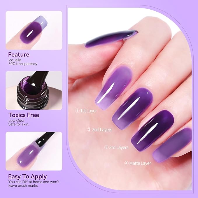 Born Pretty Ice Jelly Gel Nail Polish Jelly Purple Gel Nail Polish Sheer Transparent Purple Natural Translucent Hema-Free Soak Off Gel Polish Nail Art DIY 15ML