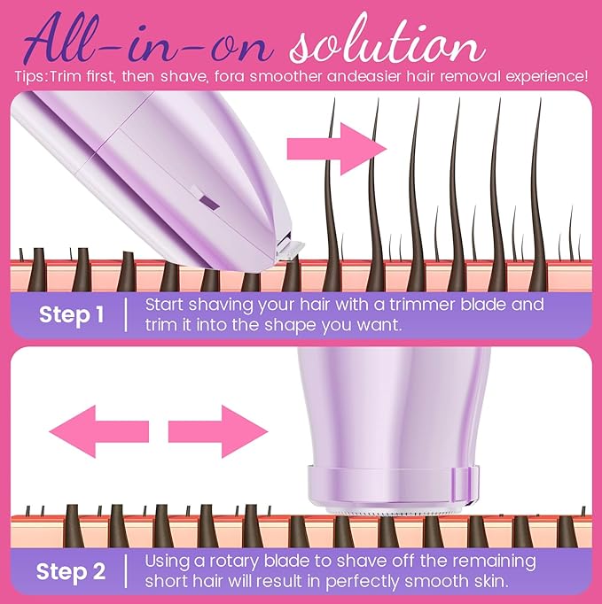 Bikini Trimmer for Women 2 in 1 Electric Razors for Women - Wet and Dry Electric Lady Shaver, Smooth Facial Hair Remover and Body Hair Trimmer for Bikini,Leg, Underarm, Face, Private Area (Purple)