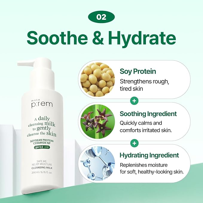 MAKE P:REM Safe Me. Relief Moisture Cleansing Milk, Hydrating Gentle Milk Cleanser for Sensitive Skin with Soy Protein, Korean Face Wash, 6.76 fl.oz. (200ml)