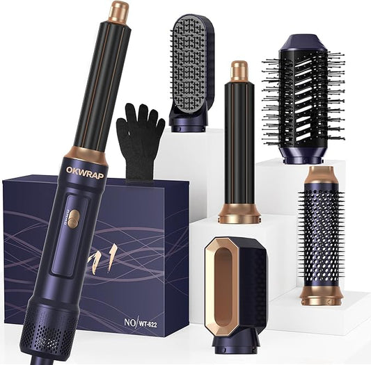 Blow Dryer Brush Set of 6 in 1, Air Curling Iron 3 Temperature Negative Ionic Hair Dryer Brush, Hot Air Brush Hair Styling Tools, 800W Volumize Straightener Round Brush Blow Dryer 100-120V