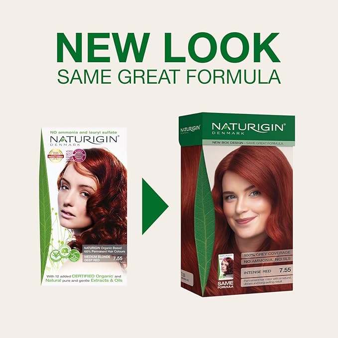 Naturigin Permanent Hair Color, 7.55 Intense Red, Ammonia Free, 100% Gray Coverage, Nourishing Natural Formula, For All Hair Types, Long-Lasting, Vegan & Cruelty-Free, 1 Pack