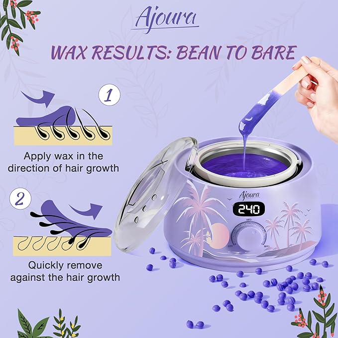 Ajoura Hard Wax Warmer for Brazilian & Bikini, Digital Hair Removal Kit with See-Through Lid, 10-Min Heat, 30 Wax Sticks, Beginner Friendly for Full Body & Face (Purple)