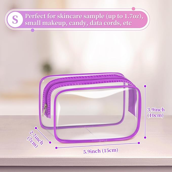 TISRATOK 12 PCS Clear Makeup Bag for Women with Zipper, TSA Approved Toiletry Pouch, Cosmetic Bag Bulk for Travel Organizer Essentials - Purple, Small