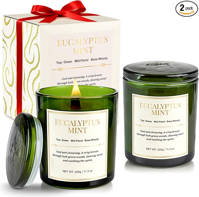 2 Pack Candles for Home Scented,Wood Wick Eucalyptus Mint Scented Candle,22.6 oz 150 Hour Long Burning Lasting, Natural Soy Wax Candles Gifts Set,for Christmas Day