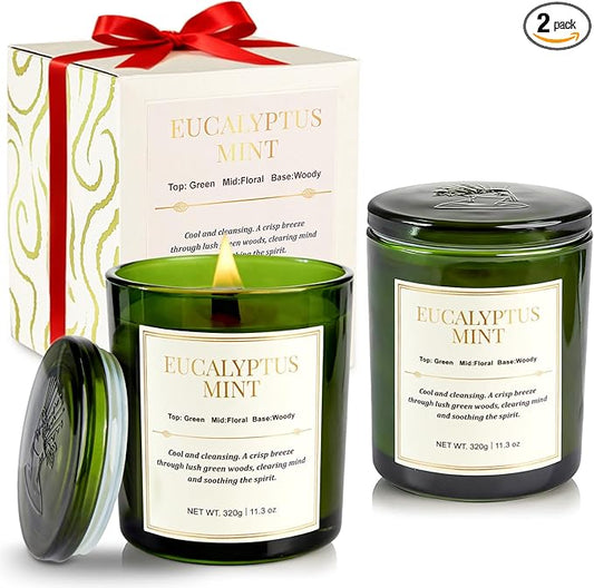 2 Pack Candles for Home Scented,Wood Wick Eucalyptus Mint Scented Candle,22.6 oz 150 Hour Long Burning Lasting, Natural Soy Wax Candles Gifts Set,for Christmas Day