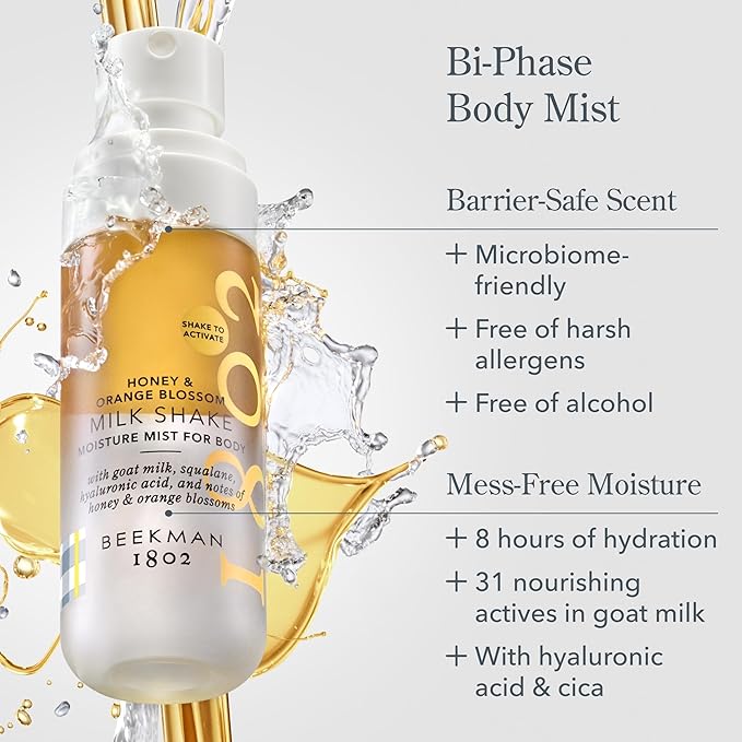 Beekman 1802 Milk Shake Body Mist - Honey & Orange Blossom 2 fl oz - Hyaluronic Acid, Jojoba Oil, Instantly Moisturizes, Hydrates & Softens, Good for Sensitive Skin, Cruelty Free