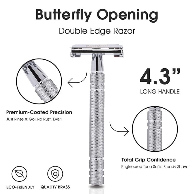 Men's Safety Razor with 10 Blades, Eco-Friendly Shaving Kit - Great Christmas Gifts for Men & Teens, Boyfriend - Reusable Metal Shaver, Ideal Stocking Stuffer for a Smooth Shave - Silver