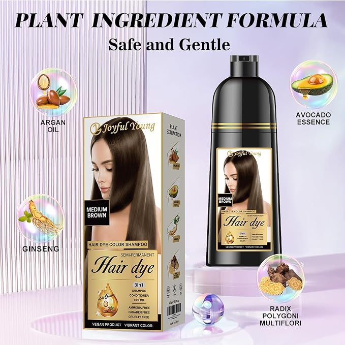 Natural Color Hair Dye Shampoo 3 IN 1, Instant Hair Coloring, Gray Coverage for Men & Women, Beard Dye Vegan Ammonia Free & Paraben-Free, Champú Para Canas Mujer & Hombre (MEDIUM BROWN)