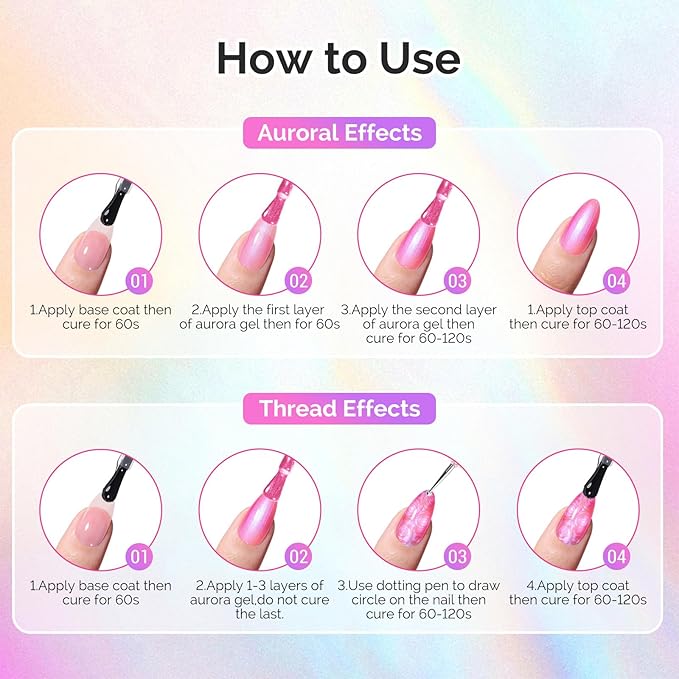 MelodySusie Pearl Gel Nail Polish Set, 6 Colors Aurora Shimmer White Green Pink Purple Blue Iridescent Mermaid Drawing Glitter Gel Polish Soak Off Swirl Shell Thread Effect Nail Art Gifts for Women