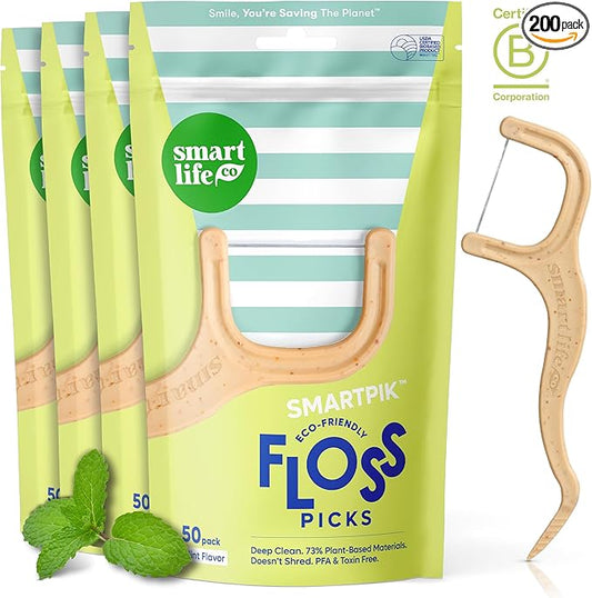 SmartLifeco Eco-Friendly Dental Floss Picks (200ct) - Flossers Made with Straw Wheat Blend, Superior Anti-Shred Thread for Tight Gaps, Tooth Pick Stick for Adults, Soft on Gum & Teeth, Vegan, Mint