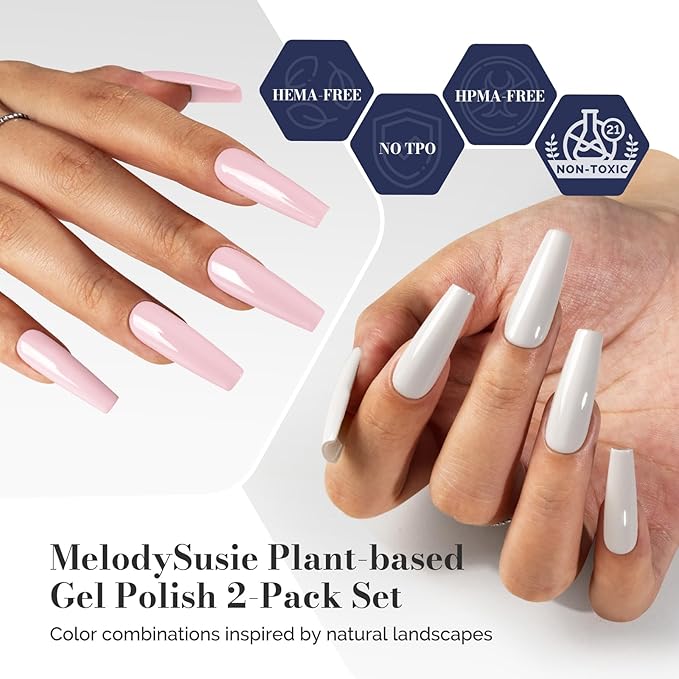 MelodySusie Fleurwee Plant Based Gel Nail Polish, 2 Pcs Hema Free Gel Polish, Light Pink and White Nail Polish 21 Non Toxic Long Lasting Nail Art Salon DIY Manicure at Home Gift for Women