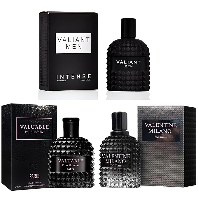 3Pack Men Cologne Valentine Milano,Valiant,Valuable Eau De Parfume Spray with Woody Floral & Fruity Scent Perfume Gift Set Day to Night Luxury Fragrances