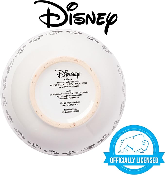 Silver Buffalo Disney Mickey Mouse Expressions Ceramic Ramen Noodle Rice Bowl with Chopsticks, Microwave Safe, 20 Ounces