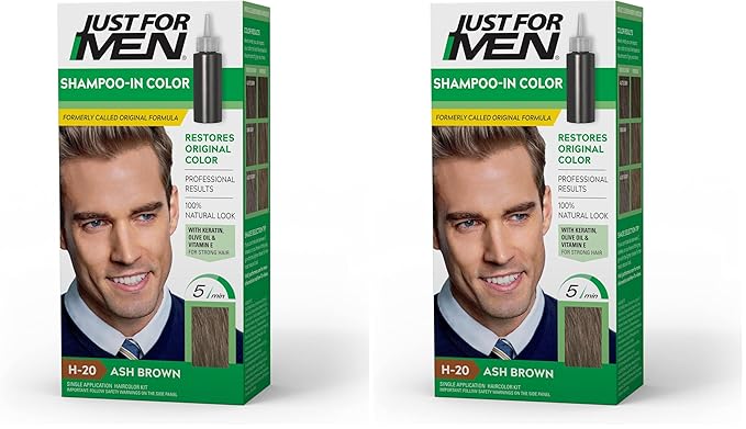 Just For Men Shampoo-In Color (Formerly Original Formula), Mens Hair Color with Keratin and Vitamin E for Stronger Hair - Ash Brown, H-20, Pack of 2