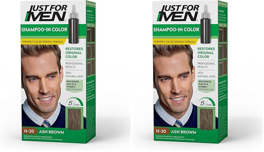 Just For Men Shampoo-In Color (Formerly Original Formula), Mens Hair Color with Keratin and Vitamin E for Stronger Hair - Ash Brown, H-20, Pack of 2