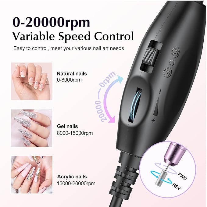COSLUS Electric Nail Drill File Professional: for Acrylic Gel Dip Powder Nails Portable Nail Machine Kit Manicure Pedicure Tools Polishing Set with Nail Drill Bits Sanding Bands