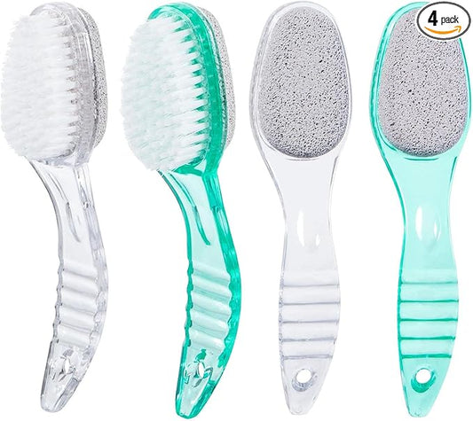 4 Pcs Foot Brush for Shower with Handle 2 in 1,Ooloveminso Large Foot Pumice Stone Brush Scrubber Foot File Calluses Remove Suitable for Horniness Foot Spa,Foot Care Smooth Skin (Green&Transparent)