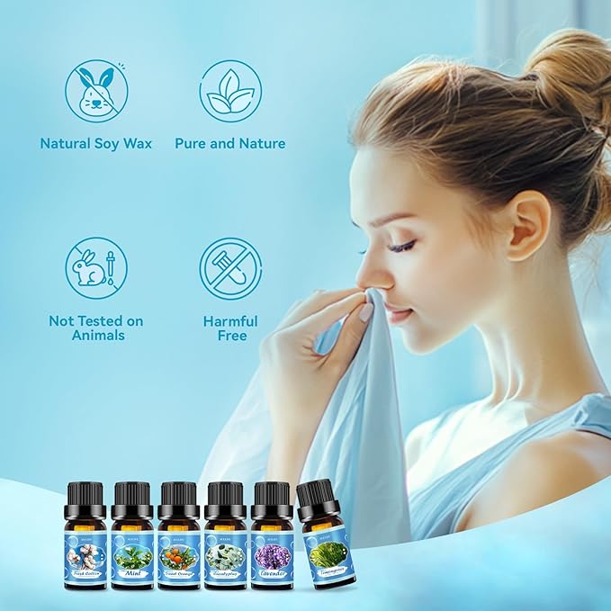 Clean Essential Oils Set for Diffuser & Candle Making | 6 Pack Premium Aromatherapy Oils Gift Set - Lavender, Eucalyptus, Mint, Sweet Orange, Lemongrass, Clean Cotton for Home
