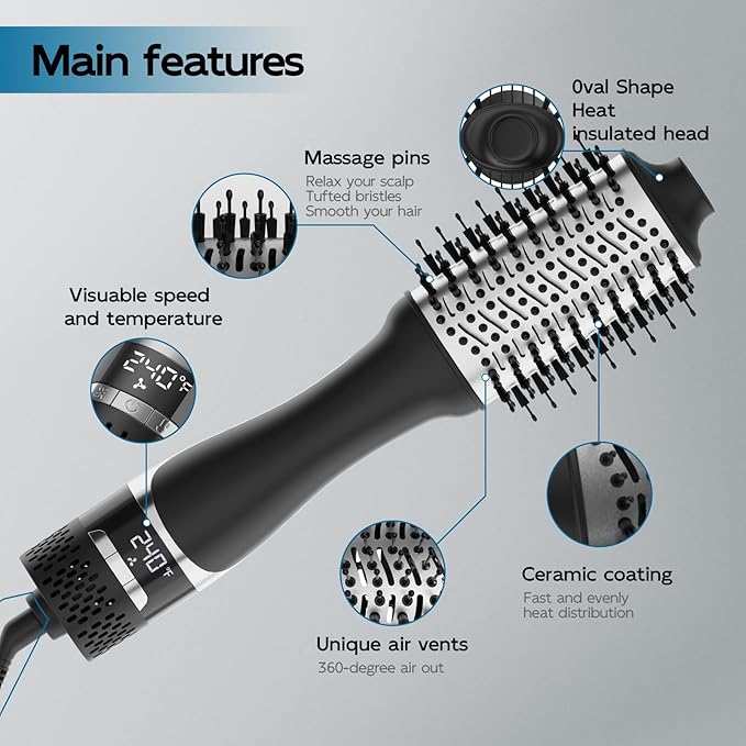 Hair Dryer Brush with Display Screen, Blow Dryer Brush for Women Fast Drying & Styling | Oval Ceramic Barrel, Negative Ion Technology, 3 Heat & 3 Speed Settings, Cold Shot, ALCI Plug (Black & Silver)