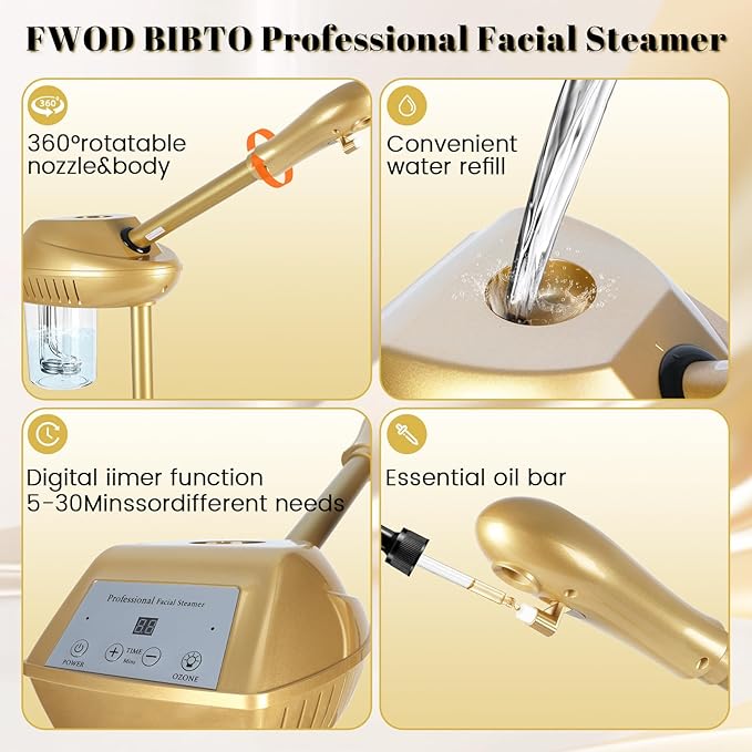 Facial Steamer Professional with More Steam for Deep Cleansing and Hydration, Steamer for Facial with Time Setting, Face Steamer Adjustable Height for Beauty, Spa and Home Use, Gold