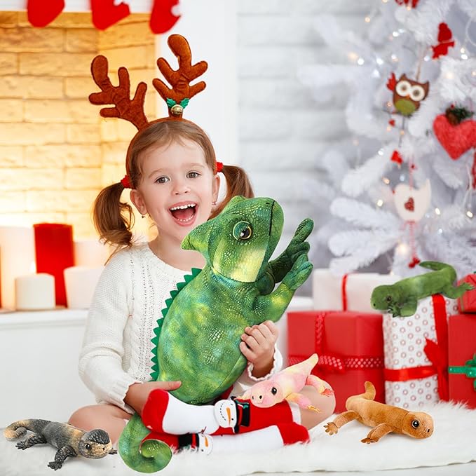 MorisMos Plush Lizard Stuffed Animals, 27'' Giant Mommy Chameleon Stuffed Animal with 4 Baby Lizard Toys for Kid Girl Boy, Realistic Large Iguana Mom, Cute Gecko Toys Gift for Kid Birthday Christmas
