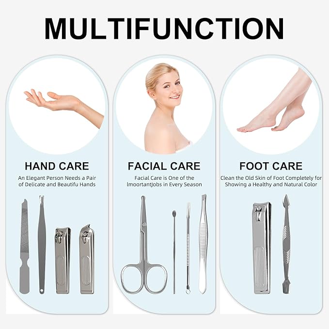 Premium Stainless Steel Nail Clippers Set - Travel Grooming Kit, 10pc Manicure/Pedicure Tools with PU Case - Unisex Gift for Men and Women(C-Grey)