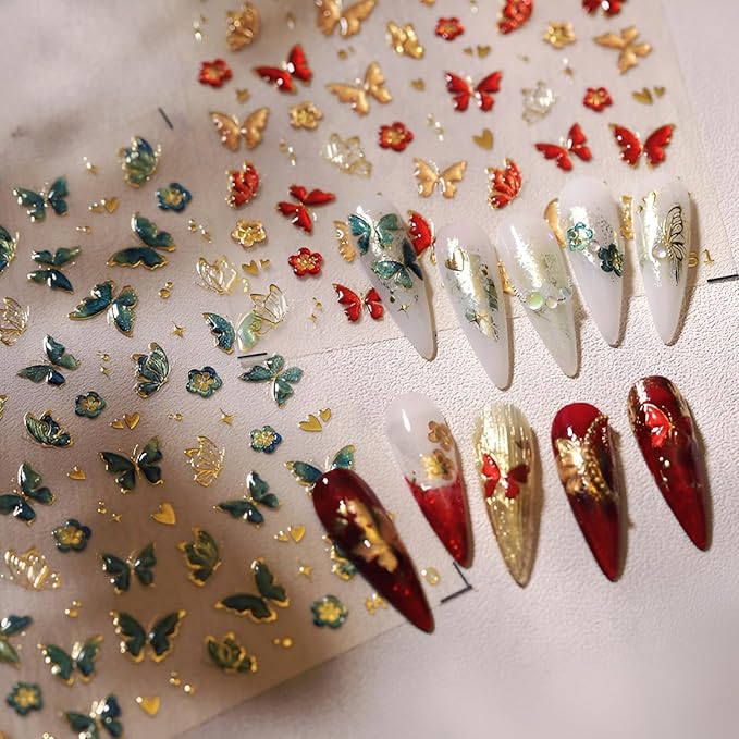 Butterfly Nail Stickers for Nail Art 5D Embossed Flower Nail Art Stickers Green Red Gold Butterfly Nail Decals Self-Adhesive Spring Summer Nail Design for Women Girls 2Sheets