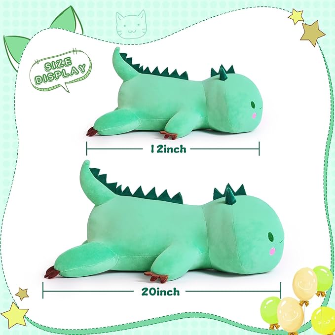Cute Dinosaur Plush Pillow Soft Dino Stuffed Animal Kawaii Plushie Toy Hugging Pillow Great Gift for Kids and Adult Birthday Valentines, 20", Green