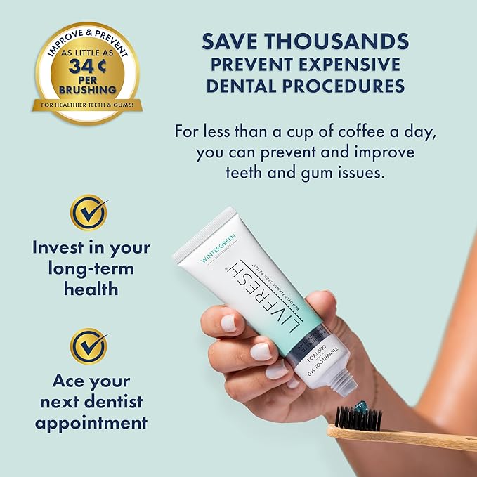 LIVFRESH Toothpaste Gel, Clinically Proven to Remove Plaque 250% Better, Improves Gum Health 190% Better, Prevents & Reduces Tartar, Freshens Breath, SLS Free Dental Gel, Wintergreen, 3 Pack