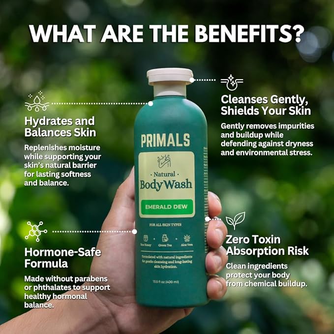 PRIMALS Natural Body Wash - Aloe Vera, Raw Honey, Green Tea - Natural Ingredients - Zero Artificial Fragrances, Sulfates, Parabens, or Dyes - 13.5 Fl Oz