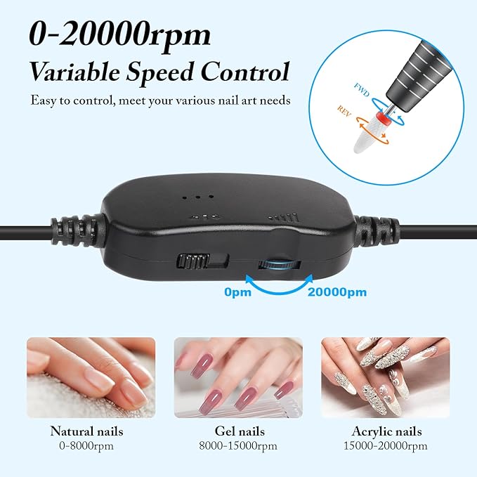 Electric Nail Drill, Ultra Quiet Low Vibration Electric Nail File, Portable Electric Nail File for Crystal Gel Nails, Manicure Pedicure Tools Polishing Set for Home and Salon Use (Grey)