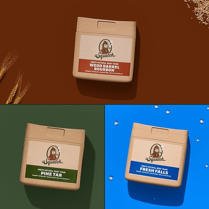 Dr. Squatch NEW Body Wash for Men with Nourishing, Natural Ingredients | No Paraben, Phthalate, Sulfate | All Day Moisturization | Pine Tar, Wood Barrel Bourbon & Fresh Falls (8 oz, 3-Pack)