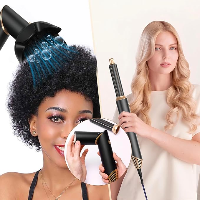 6 in 1 Hair Dryer Brush, Foldable Blow Dryer Brush with Air Styler Curler Wrap, Detachable Hot Air Brush Dry,Volumize, Straight,Curl, Negative Ion Brush Blow Dryer with Diffuser, Hair Styler Tools