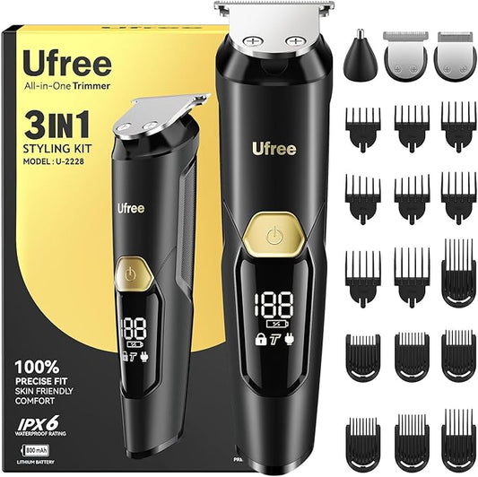 Ufree 3-in-1 Beard Trimmer Kit, Men's Electric Shaver Razor for Mustache Body Nose Facial Hair, Professional Hair Trimmer, Rechargeable Clippers, Waterproof Beard Grooming, Birthday Gifts for Men