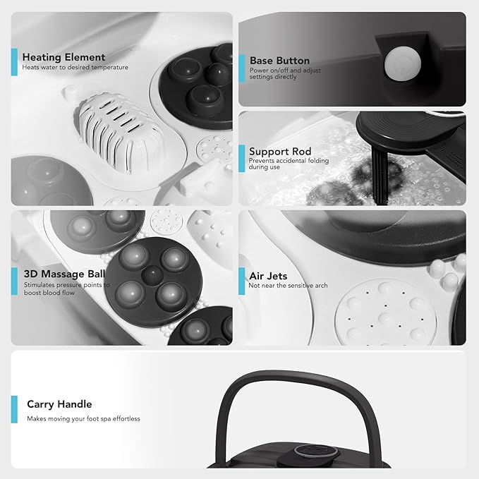 KNQZE Collapsible Foot Spa Electric Foot Bath with Heat, Bubble, Remote, 24 Motorized Shiatsu Massage Balls. Pedicure Soaking tub for Feet Stress Relax (Black)