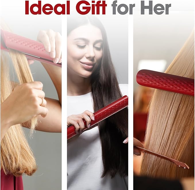 Quico Hair Straightener, 110-240V Global Travel Hair Straighteners for Women, 15s Fast Heating, Professional Negative Ion Flat Iron, Temp Memory, 320℉-450℉, Auto-Off, with Glove and Clips, Gift, Red