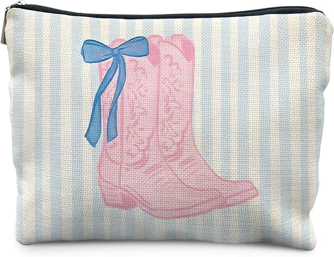 Blue Pink Western Makeup Bag for Women, Cowgirl Gifts for Women, Preppy Western Cosmetic Bag for Purse, Trendy Girly Pink Cowgirl Boot Blue Striped Makeup Zipper Pouch