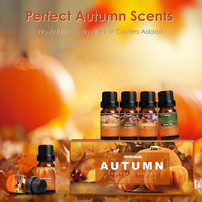 Autumn Fragrance Oil Set, ARVIDSSON Fall Essential Oils for Diffuser and Candle Making, Pumpkin Spice, Cinnamon, Spiced Cider, Snickerdoodle, Autumn Wreath, Pine, Cozy Scented Oils