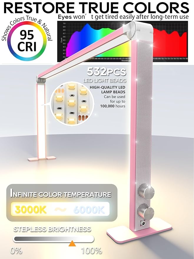 Upgraded Nail Tech Lamp for Desk, 32 in Foldable Large Nail Light with Phone Holder, 3000K-6000K CRI＞95 LED Manicure Lamp, Half Moon Light for Lash Eyelash Extension, Tattoo, Eyebrows-Diamond Pink