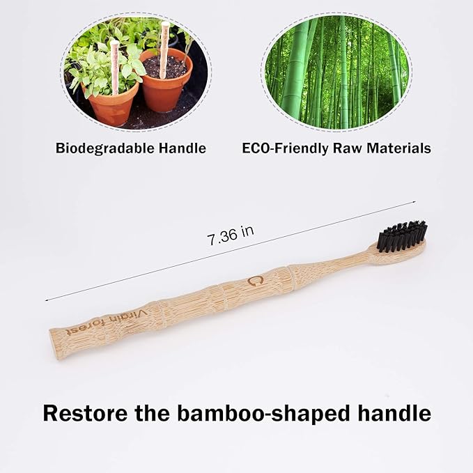 Virgin Forest Bamboo Toothbrush, Vegan Natural ECO Friendly Wood Toothbrushes, Biodegradable Organic Charcoal Tooth Brush, Pack of 6
