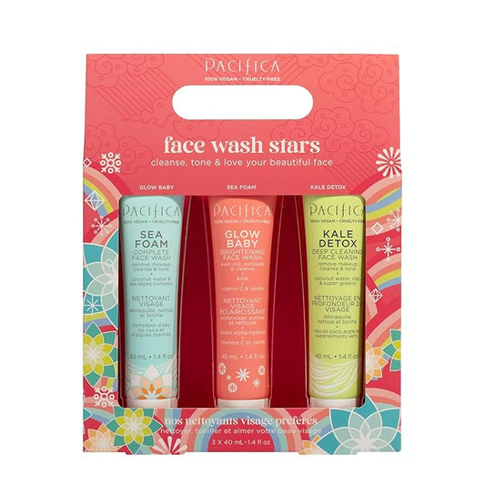 Pacifica Face Wash Set - Preppy Skincare Gift Set Value Kit for Holidays | Brightens, Tones and Deep Cleans |Glow Baby, Kale Detox and Sea Foam | 3 Pack
