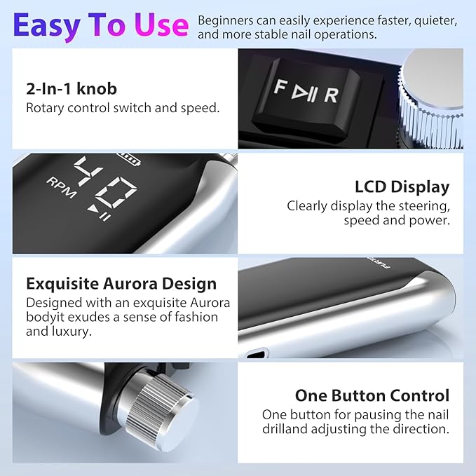 Professional Nail Drill 40,000 RPM, Rechargeable,LCD Display E File Machine for Acrylic Nails Gel Polishing Removing Portable Nails Efile Tools for Manicure Salon & Home (Silver)