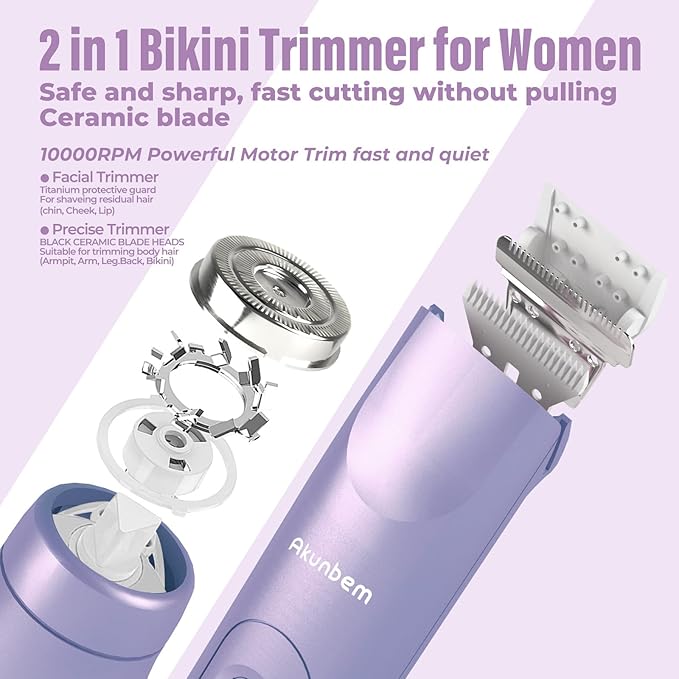 Bikini Trimmer for Women - 2 in 1 Electric Razors for Women - Dual Head Electric Shaver - IPX7 Waterproof Wet & Dry Use Body Hair Trimmer and Facial Hair Remover for Bikini Underarm Leg Arm