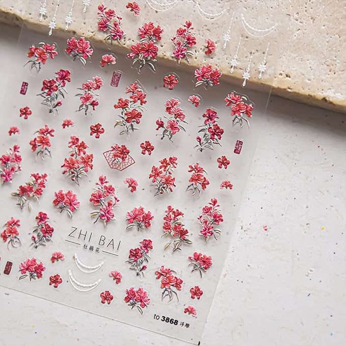 Spring Summer Nail Art Stickers 5D Self Adhesive Nail Decals Red Flower Nail Stickers for Nail Art Embossed Nails Design Floral Nails Supplies for DIY Manicure Decoration for Women Girls