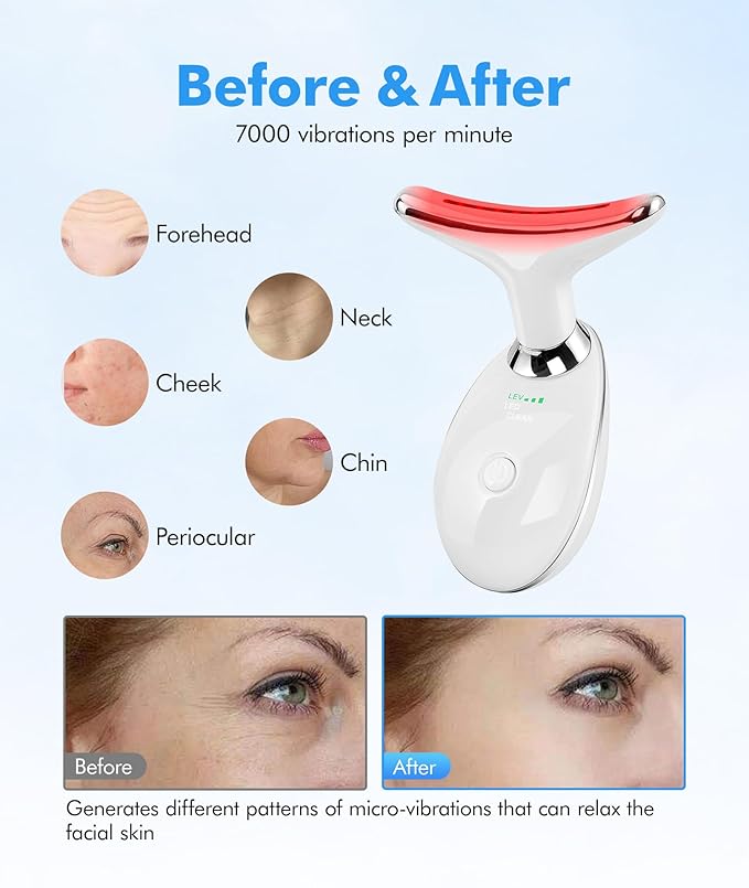 Red-Light-Therapy-for-Face-and-Neck, 7 Color Face Massager Tool for Wrinkles, Double Chin, Vibrating Facial Massager with Thermals for Skin Care, Glossy White