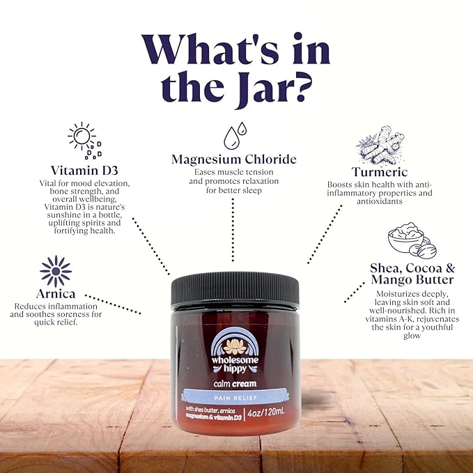 Wholesome Hippy Magnesium Calm Cream – All Natural Body Butter with Magnesium, Vitamin D3, Arnica & Turmeric – Soothing Moisturizer for Skin Wellness & Relaxation – 4oz